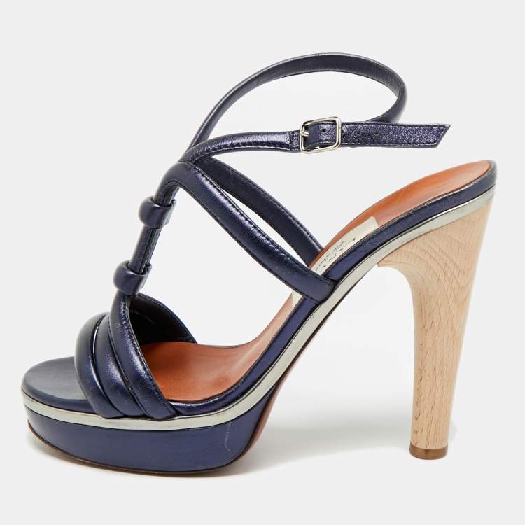 Pre Owned Lanvin Size 38 Navy Blue Leather Ankle Strap Sandals