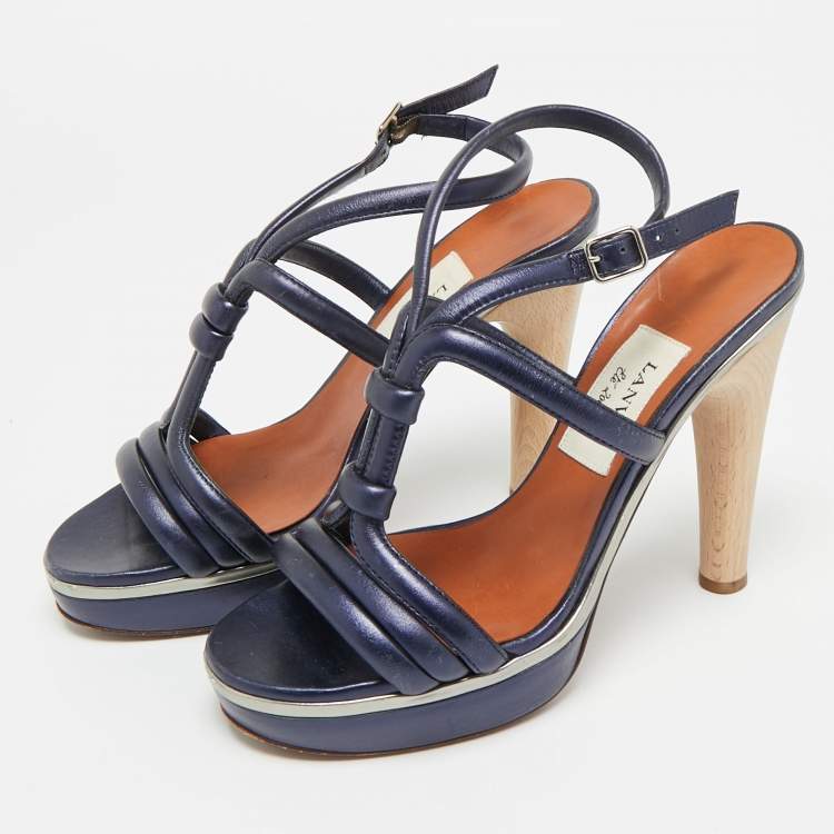 Pre Owned Lanvin Size 38 Navy Blue Leather Ankle Strap Sandals