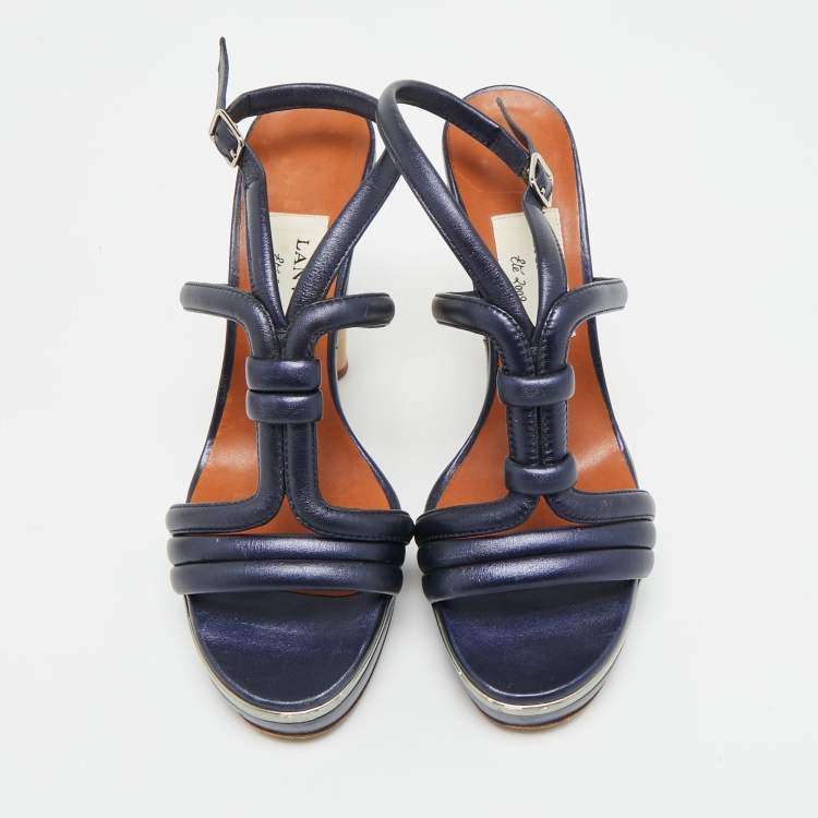 Pre Owned Lanvin Size 38 Navy Blue Leather Ankle Strap Sandals
