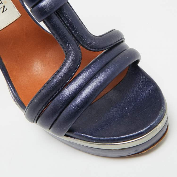 Pre Owned Lanvin Size 38 Navy Blue Leather Ankle Strap Sandals