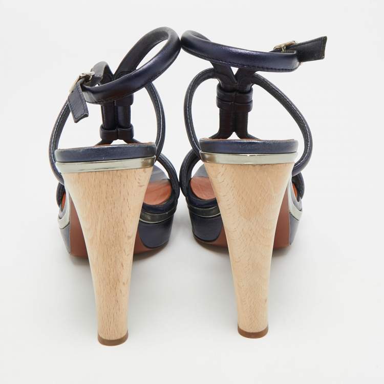 Pre Owned Lanvin Size 38 Navy Blue Leather Ankle Strap Sandals