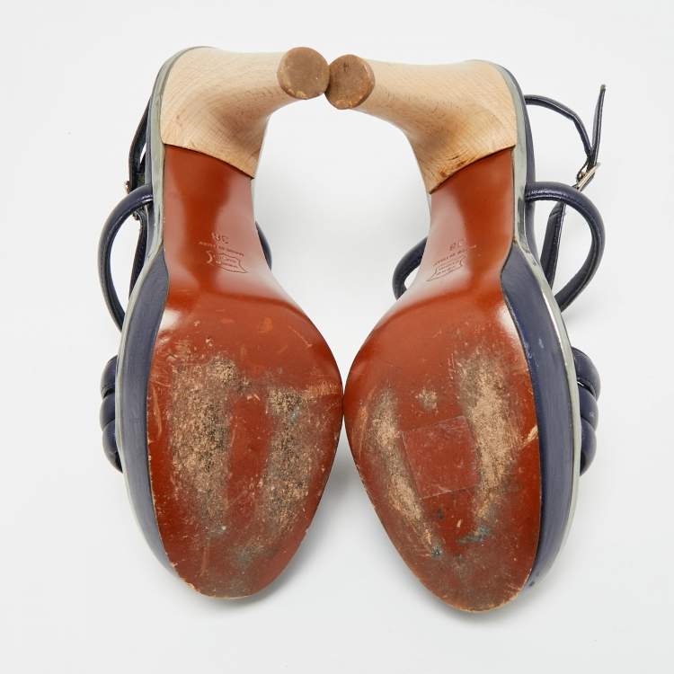 Pre Owned Lanvin Size 38 Navy Blue Leather Ankle Strap Sandals