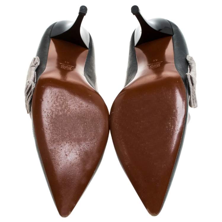Pre Owned Lanvin Grey Leather And Beige Canvas Trim Pointed Toe Pumps Size 41