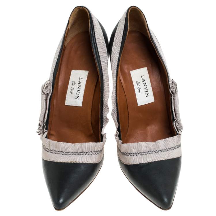 Pre Owned Lanvin Grey Leather And Beige Canvas Trim Pointed Toe Pumps Size 41