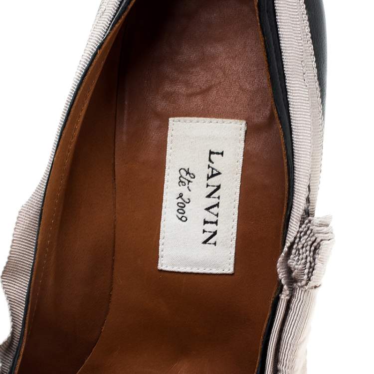 Pre Owned Lanvin Grey Leather And Beige Canvas Trim Pointed Toe Pumps Size 41