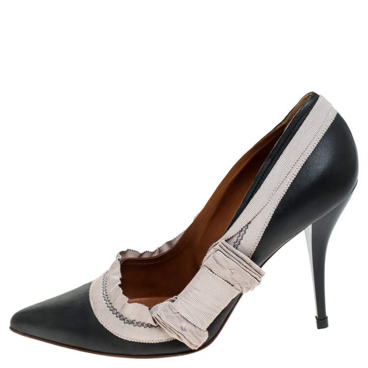 Pre Owned Lanvin Grey Leather And Beige Canvas Trim Pointed Toe Pumps Size 41