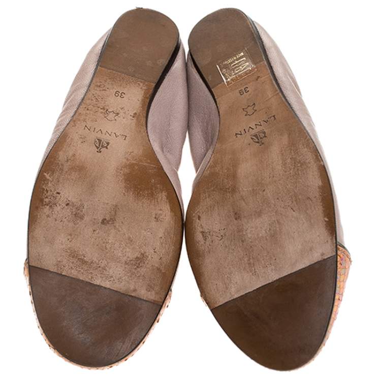 Pre Owned Lanvin Mauve Beige Leather And Metallic Python Embossed Trim Cap Toe Ballet Flats Size 39