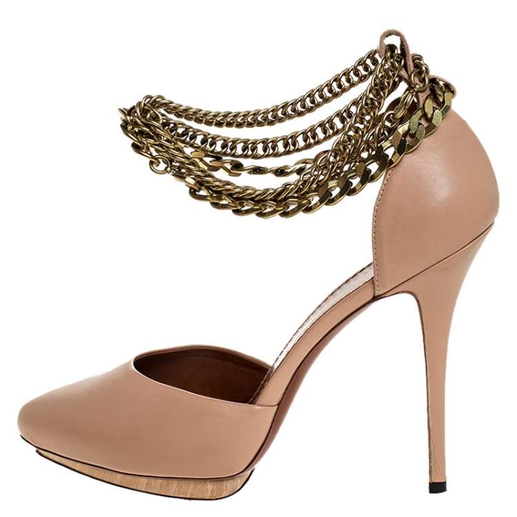 Pre Owned Lanvin Beige Leather Gold-Tone Chain Ankle Strap D'orsay Platform Pumps Size 40 