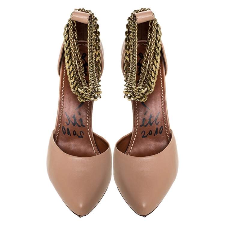Pre Owned Lanvin Beige Leather Gold-Tone Chain Ankle Strap D'orsay Platform Pumps Size 40 
