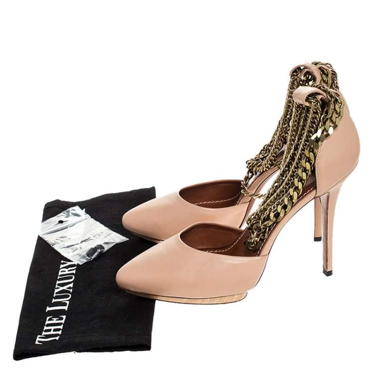 Pre Owned Lanvin Beige Leather Gold-Tone Chain Ankle Strap D'orsay Platform Pumps Size 40 