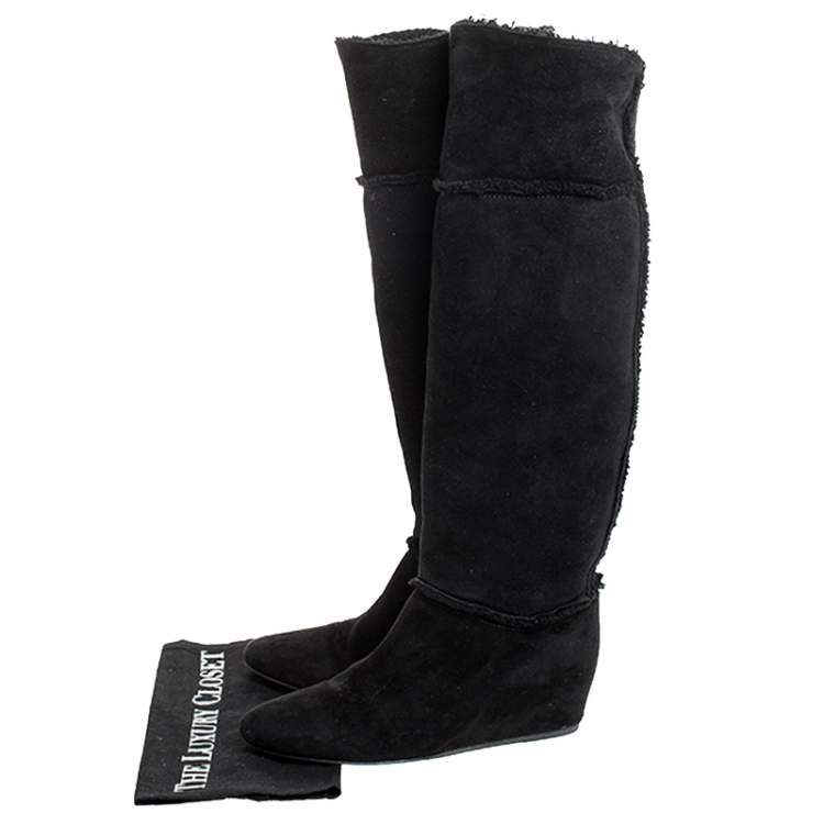 Pre Owned Lanvin Black Suede And Wool Trim Knee Length Wedge Boots Size 38