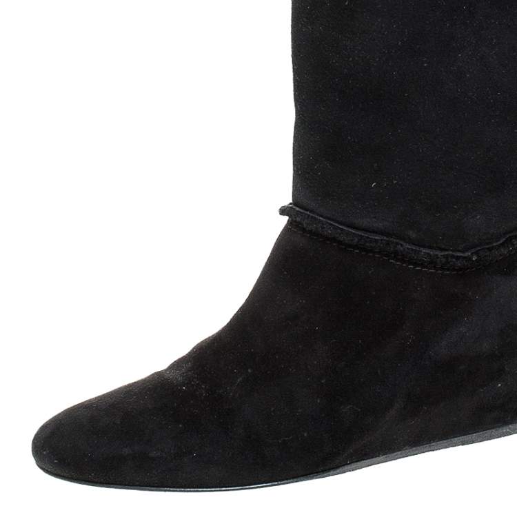 Pre Owned Lanvin Black Suede And Wool Trim Knee Length Wedge Boots Size 38