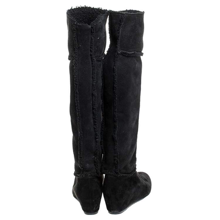 Pre Owned Lanvin Black Suede And Wool Trim Knee Length Wedge Boots Size 38