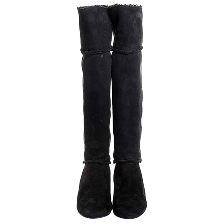 Pre Owned Lanvin Black Suede And Wool Trim Knee Length Wedge Boots Size 38