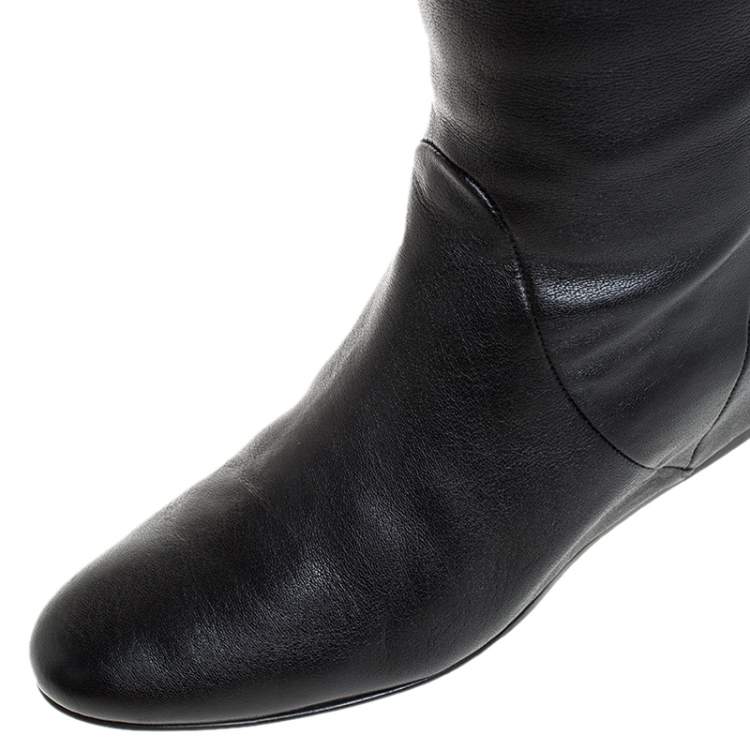 Pre Owned Lanvin Black Leather Knee Length Wedge Boots Size 37