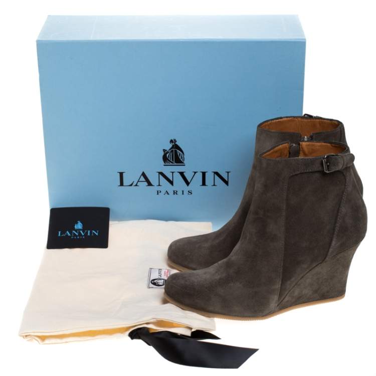 Pre Owned Lanvin Grey Suede Zip Wedge Ankle Boots Size 36.5