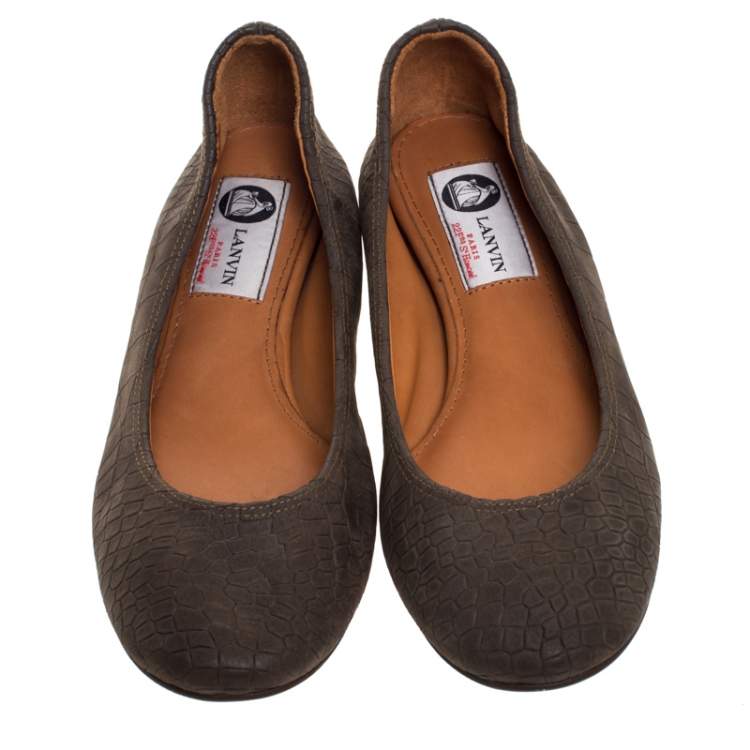 Pre Owned Lanvin Green Croc Embossed Leather Ballet Flats Size 36.5