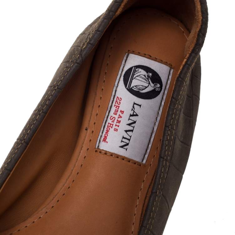 Pre Owned Lanvin Green Croc Embossed Leather Ballet Flats Size 36.5