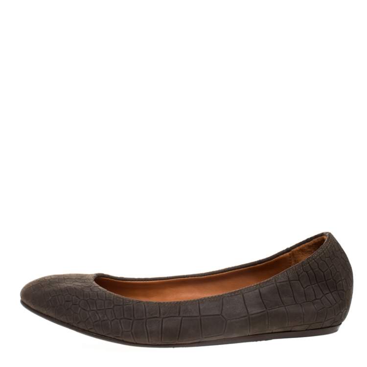 Pre Owned Lanvin Green Croc Embossed Leather Ballet Flats Size 36.5