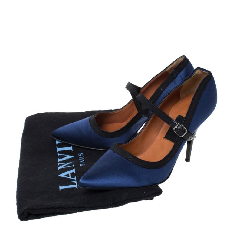 Pre Owned Lanvin Blue/Black Satin Mary Jane Pointed Toe Pumps Size 38