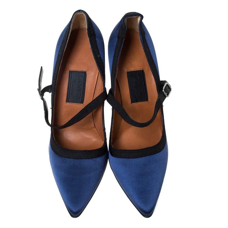 Pre Owned Lanvin Blue/Black Satin Mary Jane Pointed Toe Pumps Size 38