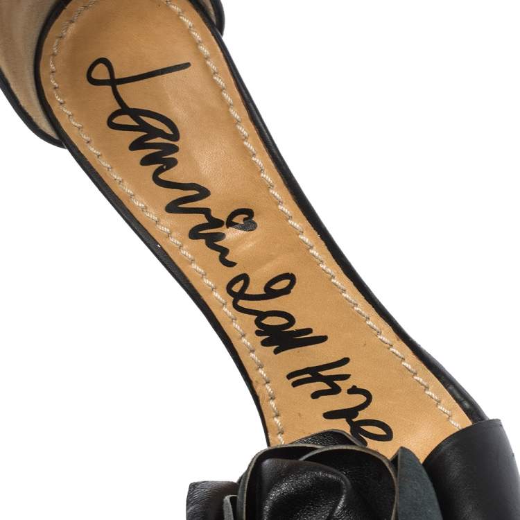 Pre Owned Lanvin Metallic Frame Wedge And Black Leather Flower Embellished Sandals Size 38