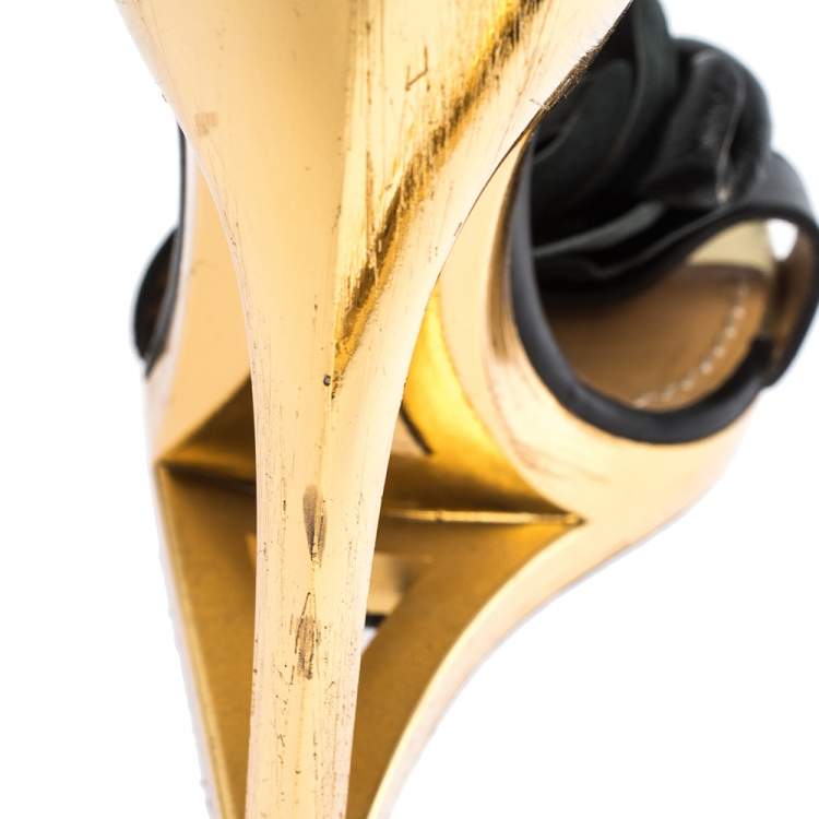 Pre Owned Lanvin Metallic Frame Wedge And Black Leather Flower Embellished Sandals Size 38