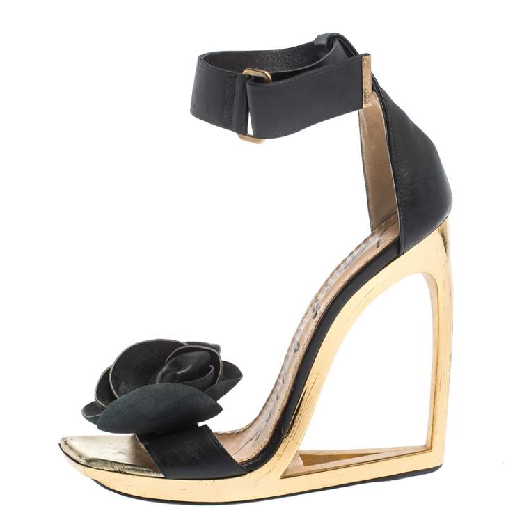 Pre Owned Lanvin Metallic Frame Wedge And Black Leather Flower Embellished Sandals Size 38