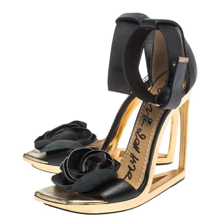 Pre Owned Lanvin Metallic Frame Wedge And Black Leather Flower Embellished Sandals Size 38