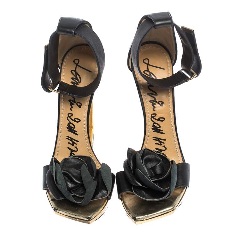 Pre Owned Lanvin Metallic Frame Wedge And Black Leather Flower Embellished Sandals Size 38