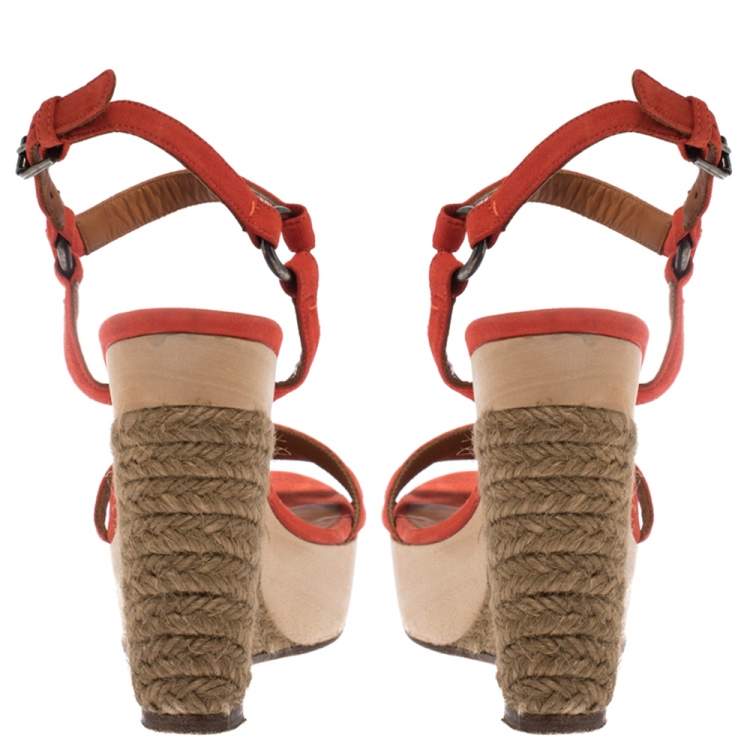 Pre Owned Lanvin Red Suede Espadrille Wedge Platform Ankle Strap Sandals Size 37.5