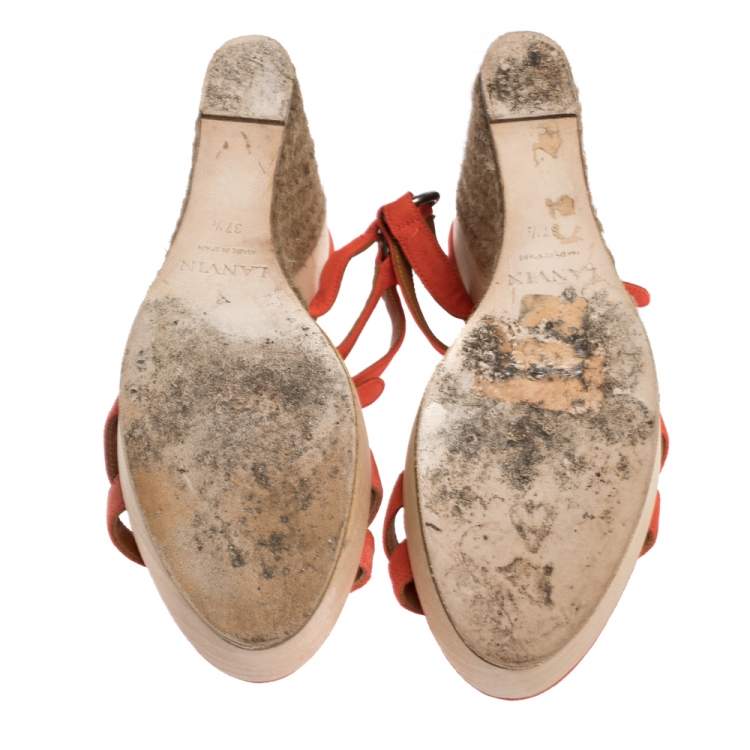 Pre Owned Lanvin Red Suede Espadrille Wedge Platform Ankle Strap Sandals Size 37.5
