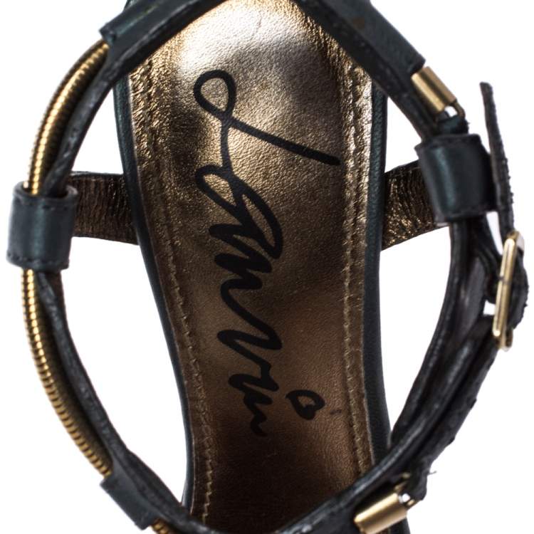 Pre Owned Lanvin Dark Green Leather and Elastic Metal String T-Strap Open Toe Sandals Size 35.5
