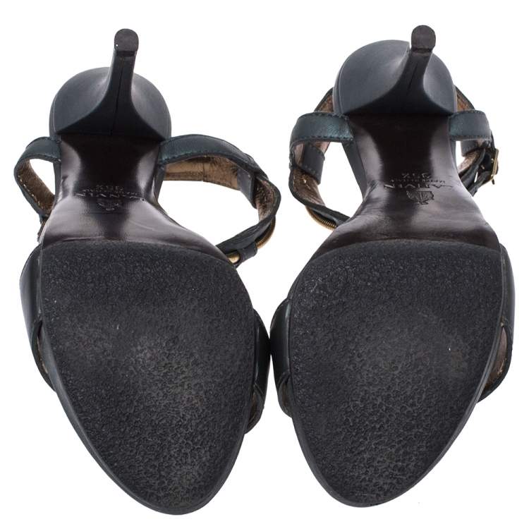 Pre Owned Lanvin Dark Green Leather and Elastic Metal String T-Strap Open Toe Sandals Size 35.5