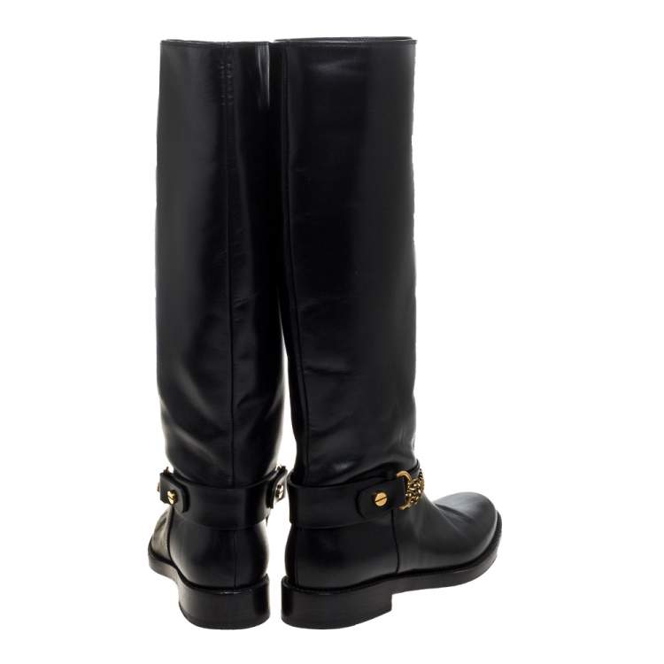 Pre Owned Lanvin Black Leather Chain Embellished Knee High Boots Size 36.5
