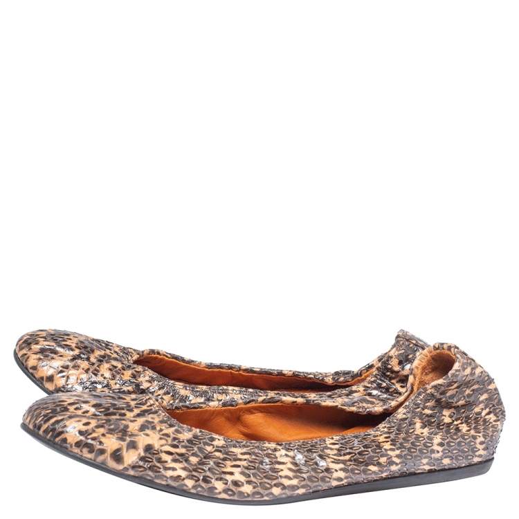 Pre Owned Lanvin Black/Beige Python Embossed Leather Scrunch Ballet Flats Size 39