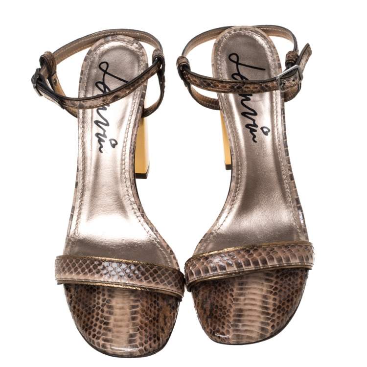Pre Owned Lanvin Brown Python Leather Block Heel Ankle Strap Sandals Size 39