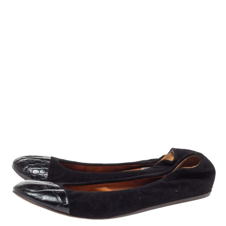Pre Owned Lanvin Black Croc Embossed Leather And Suede Ballet Flats Size 39.5