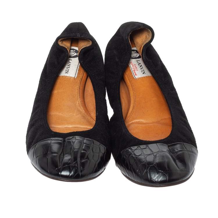 Pre Owned Lanvin Black Croc Embossed Leather And Suede Ballet Flats Size 39.5