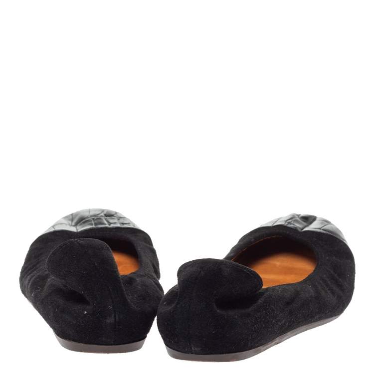 Pre Owned Lanvin Black Croc Embossed Leather And Suede Ballet Flats Size 39.5