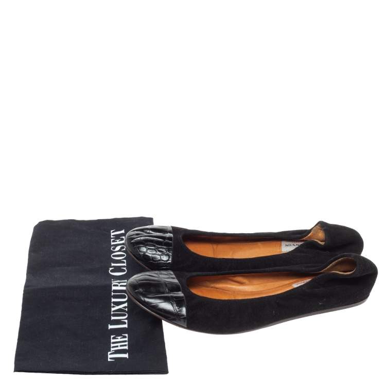Pre Owned Lanvin Black Croc Embossed Leather And Suede Ballet Flats Size 39.5