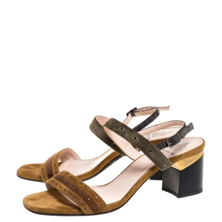 Pre Owned Lanvin Brown/Grey Suede Studded Ankle Strap Sandals Size 37.5