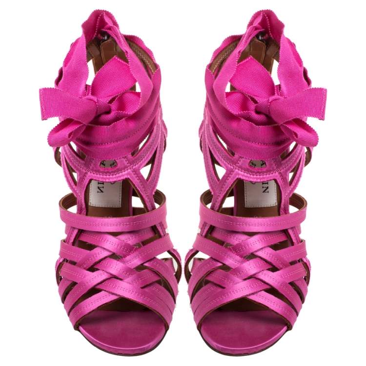Pre Owned Lanvin Pink Satin Strappy Ankle Wrap Sandals Size 38