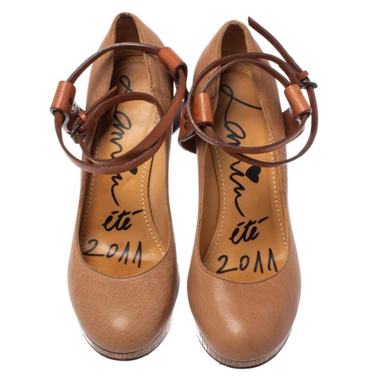 Pre Owned Lanvin Beige/Brown Leather Ankle Strap Platform Pumps 39