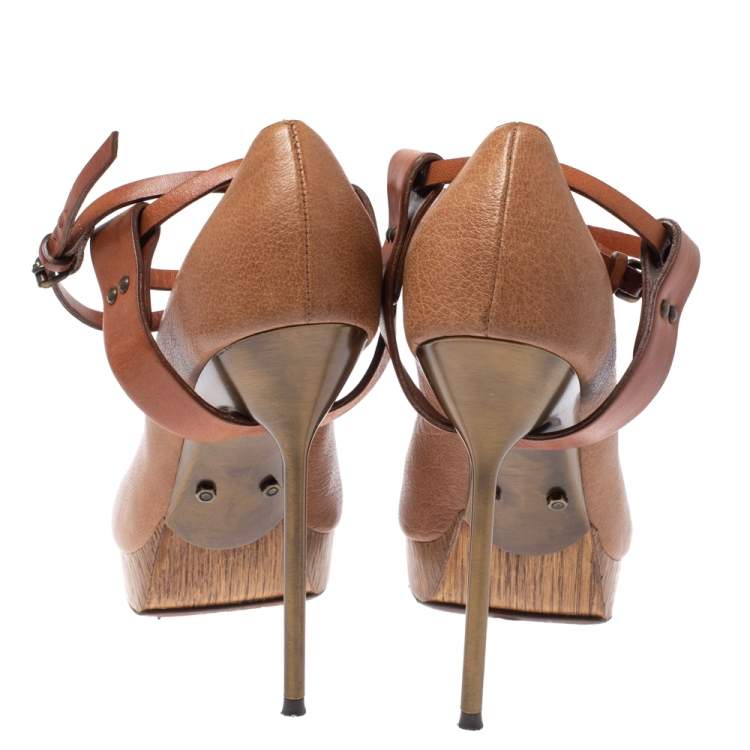 Pre Owned Lanvin Beige/Brown Leather Ankle Strap Platform Pumps 39