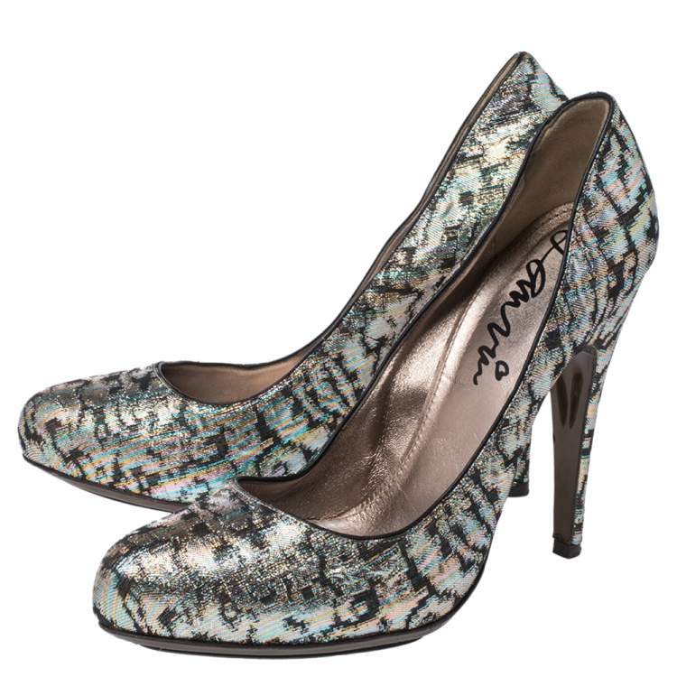 Pre Owned Lanvin  Multicolor Shimmer Fabric Slip On Pumps Size 38.5