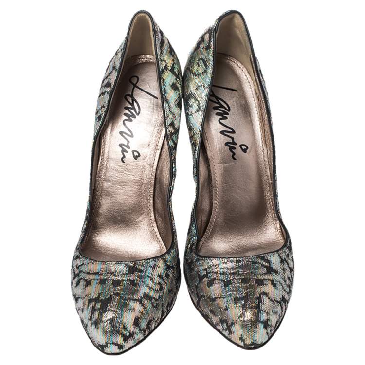 Pre Owned Lanvin  Multicolor Shimmer Fabric Slip On Pumps Size 38.5