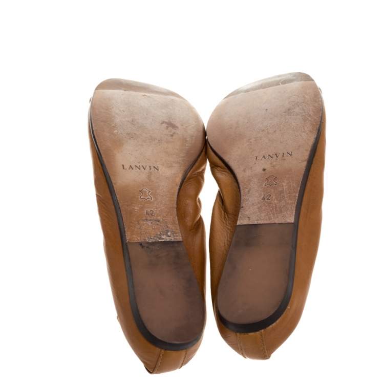 Pre Owned Lanvin Brown/White Leather Scrunch Ballet Flats Size 42