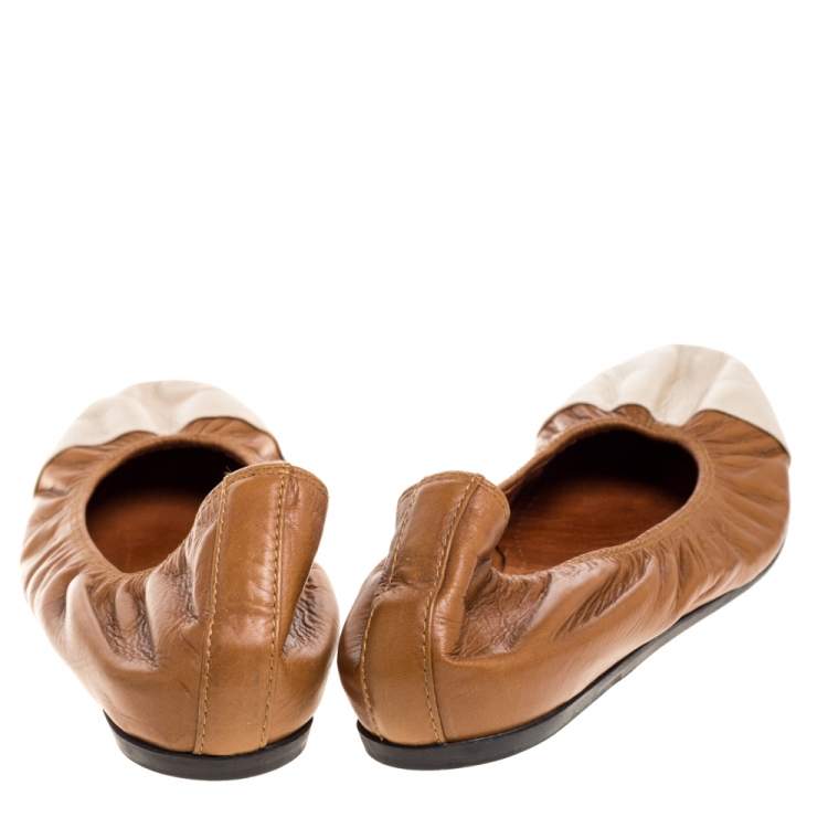 Pre Owned Lanvin Brown/White Leather Scrunch Ballet Flats Size 42