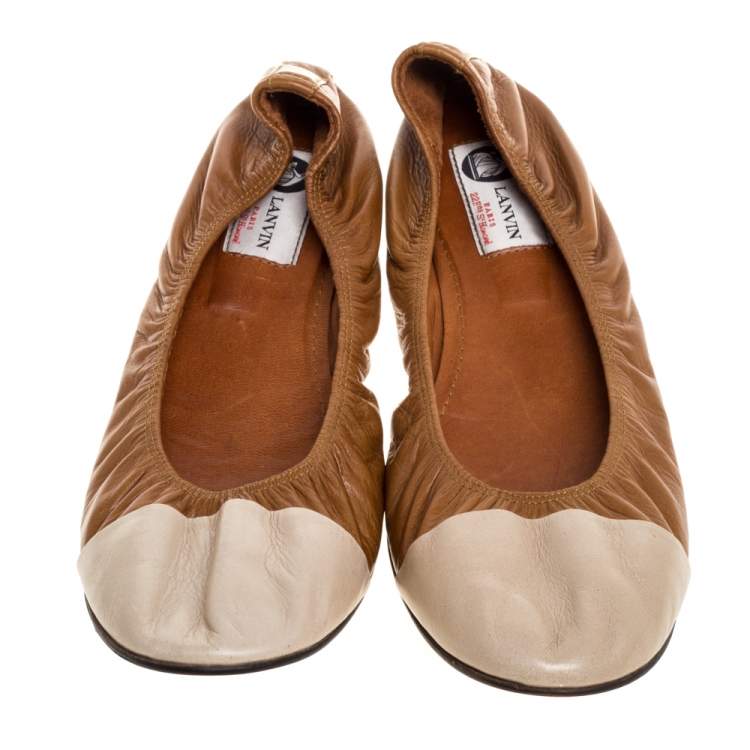 Pre Owned Lanvin Brown/White Leather Scrunch Ballet Flats Size 42